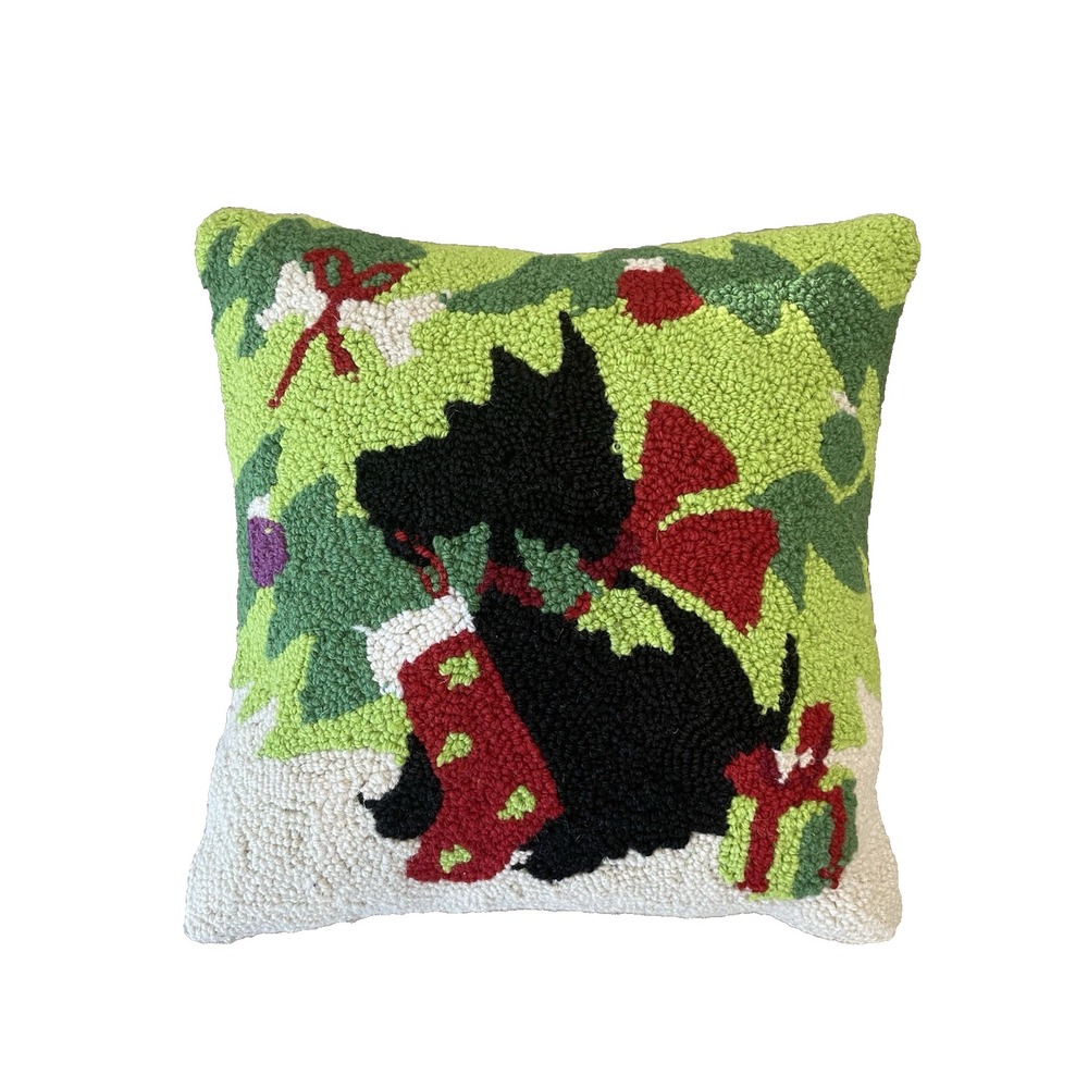 Christmas‎ Scottish Terrier Stocking Wool Hooked Pillow 16x16" NWOT